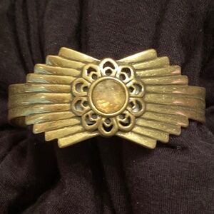 Lucky Brand Art Deco Cuff Bracelet Brass Colored Metal and Gem